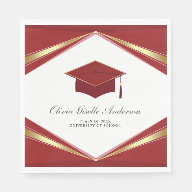 Moderne Abschlussmütze Rot & Gold Party Serviette (Vorderseite)