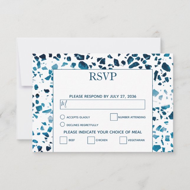 Moderne Abstrait Terrazzo Mosaic Blue Wedding RSVP (Devant)