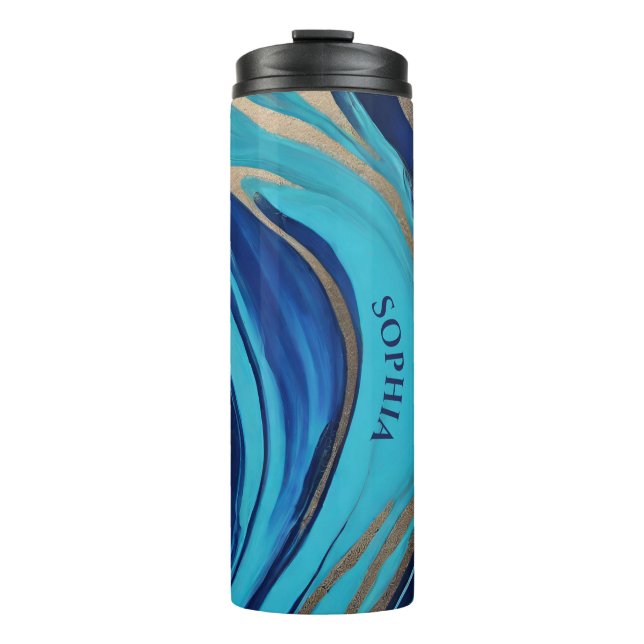 Moderne Abstrakt-Flow Art-Blue und Gold- Thermosbecher (Vorderseite)