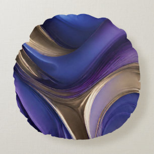 Moderne Abstrakt-Fluid Art-Blue Lila und Gold Rundes Kissen