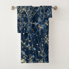 Moderne Abstrakt-gelbe Wildblumen in Dunkelblau Badhandtuch Set