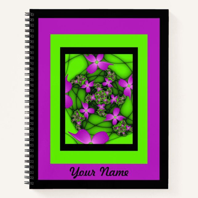 Moderne Abstrakt rosa grüne Fraktal Blume Name Notizbuch (Vorderseite)