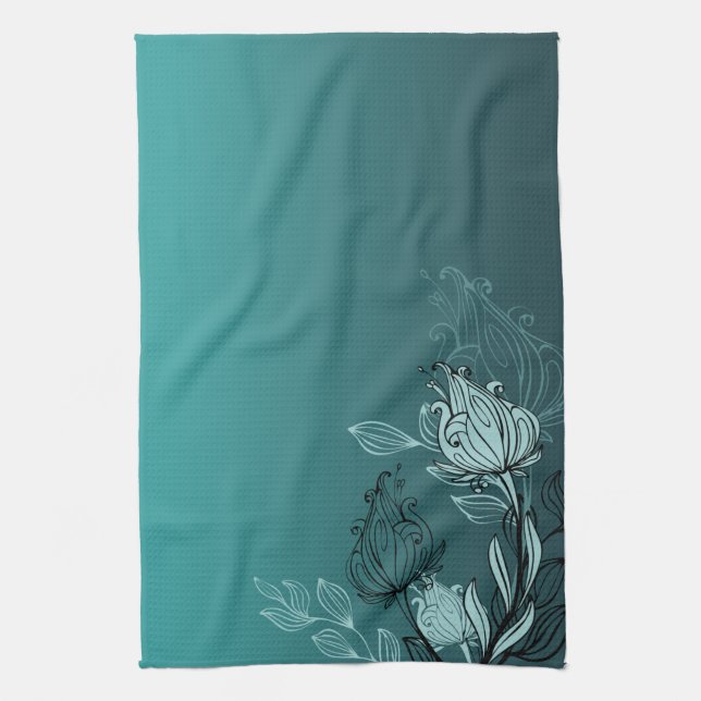 Moderne Abstrakte Aquamarine Blumen Geschirrtuch (Vertikal)