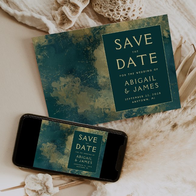 Moderne Abstrakte Aquamarine Goldhochzeit rettet d Einladung (Von Creator hochgeladen)