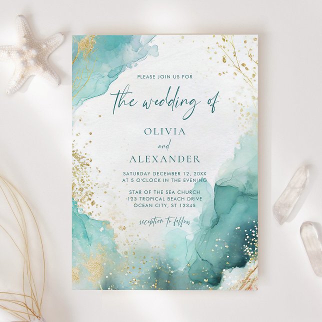 Moderne Abstrakte Aquamarine Goldstrand-Hochzeit Einladung (Von Creator hochgeladen)