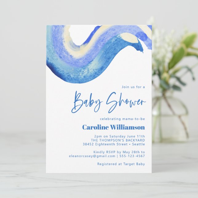 Moderne Abstrakte Art Blue Watercolor Babydusche Einladung (Stehend Vorderseite)
