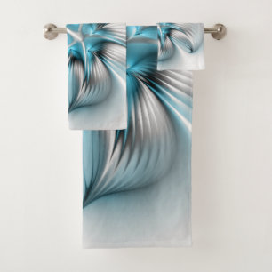 Moderne abstrakte blaue Fraktal-Kunst mit floraler Badhandtuch Set