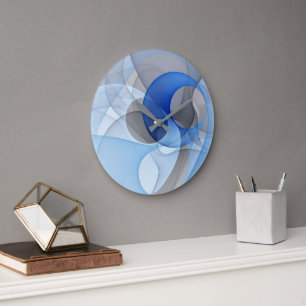 Moderne abstrakte blaue graue Fractal-Kunstgrafik Große Wanduhr