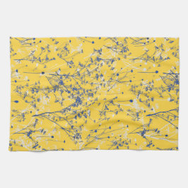 Moderne Abstrakte blaue Wildblumen auf Senf Yellow Geschirrtuch