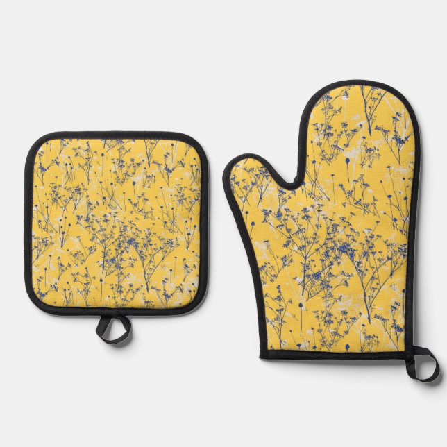 Moderne Abstrakte blaue Wildblumen auf Senf Yellow Ofenhandschuh & Topflappen-Set (Vorderseite)