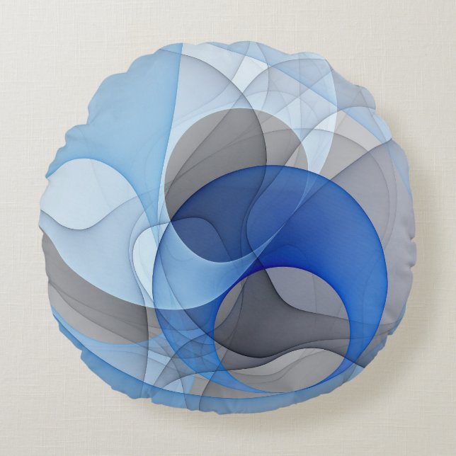 Moderne Abstrakte blaugraue Fraktal Grafik Rundes Kissen (Vorderseite)