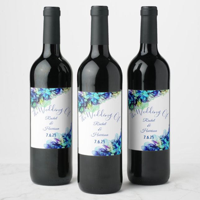 Moderne Abstrakte Blue Aquamarin & Türkise Wedding Weinetikett (Flaschen)