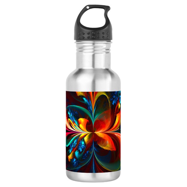 Moderne Abstrakte Blumenkunst Orange Blaues Muster Edelstahlflasche (Vorderseite)