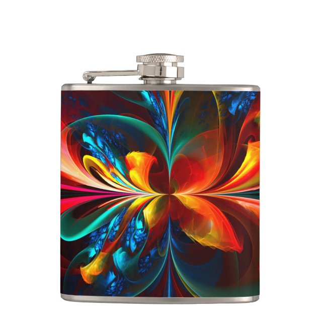 Moderne Abstrakte Blumenkunst Orange Blaues Muster Flachmann (Vorderseite)