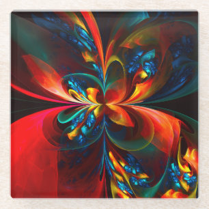 Moderne Abstrakte Blumenkunst Orange Blaues Muster Glasuntersetzer