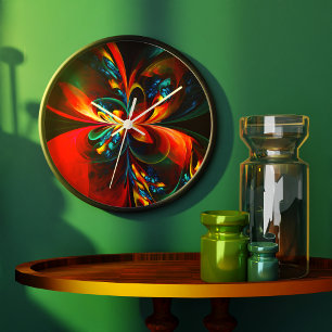Moderne Abstrakte Blumenkunst Orange Blaues Muster Große Wanduhr