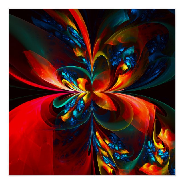 Moderne Abstrakte Blumenkunst Orange Blaues Muster Poster (Vorderseite)
