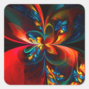 Moderne Abstrakte Blumenkunst Orange Blaues Muster Quadratischer Aufkleber
