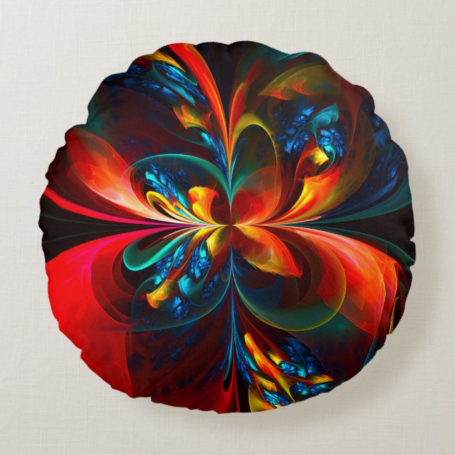 Moderne Abstrakte Blumenkunst Orange Blaues Muster Rundes Kissen (Vorderseite)