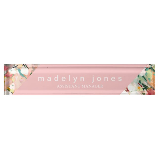 Moderne Abstrakte Blumenkunst Rosa Personalisiert Namensplakette (Vorderseite)