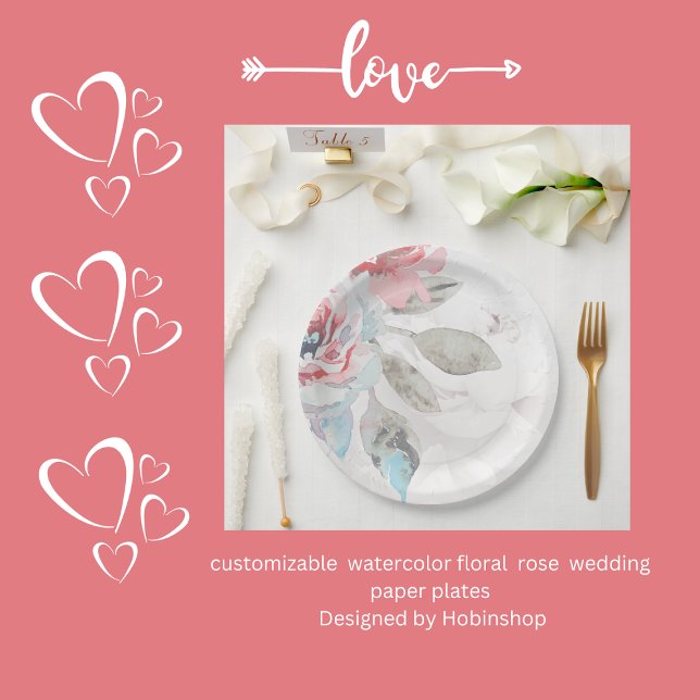 Moderne Abstrakte Blush Rose & Wildblume Hochzeit Pappteller (customizable  watercolor floral  rose  wedding paper plates
 Designed by Hobinshop)