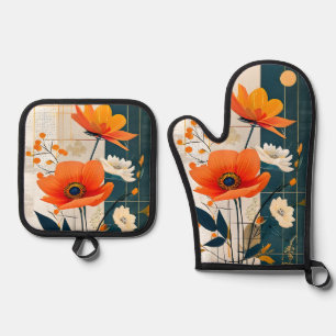 Moderne Abstrakte Blüten in Orange und Schwarz Ofenhandschuh & Topflappen-Set