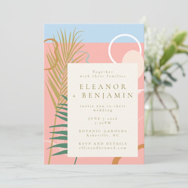 Moderne Abstrakte Botanische Pastel Pink Blue Wedd Einladung (Stehend Vorderseite)