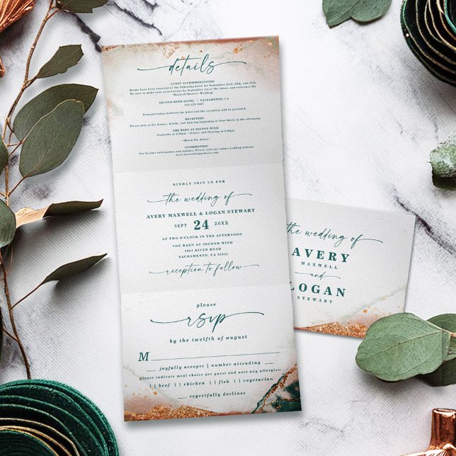 Moderne Abstrakte Dunkle Aquamarine Hochzeit im He Dreifach Gefaltete Einladung (Teal and Copper Abstract All in One Wedding Invitation)