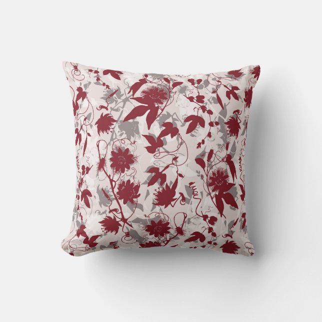 Moderne Abstrakte Elegante Gray Burgund Blumen Kissen (Vorderseite)