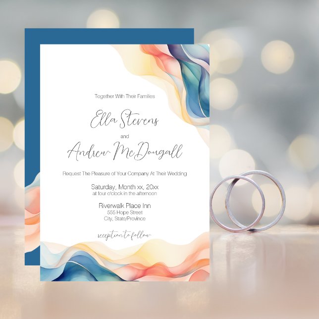 Moderne Abstrakte Farbwelle Blaue Hochzeit Einladung (Modern Abstract Color Wave Blue Wedding Invitation Card)