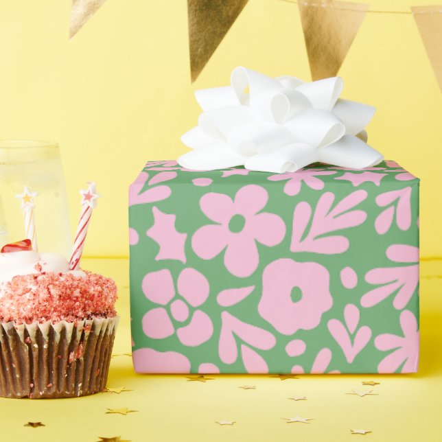 Moderne Abstrakte Florals und Blätter Grün Rosa Geschenkpapier (Geburtstagsparty)