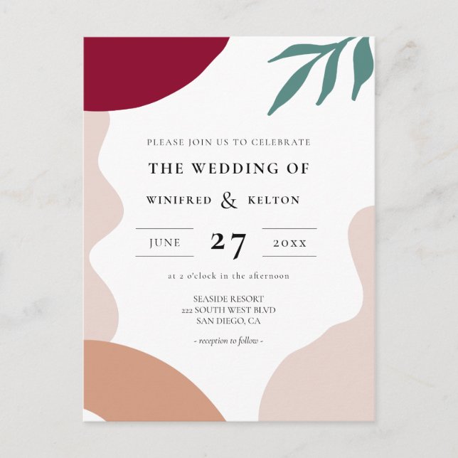Moderne abstrakte Formen Hochzeitseinladung Postkarte (Vorderseite)