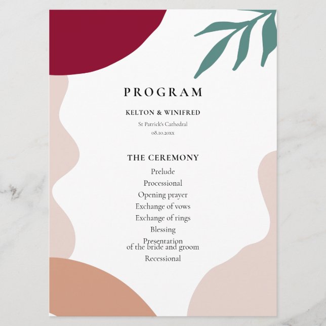 Moderne abstrakte Formen zeitgenössische Hochzeit Programm (Vorderseite)