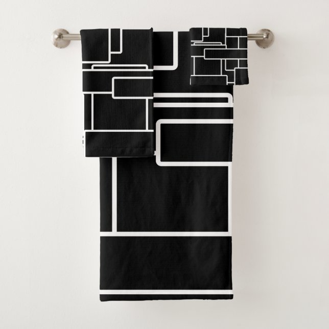 Moderne Abstrakte Geometrie in Schwarz und Weiß Badhandtuch Set (Insitu)