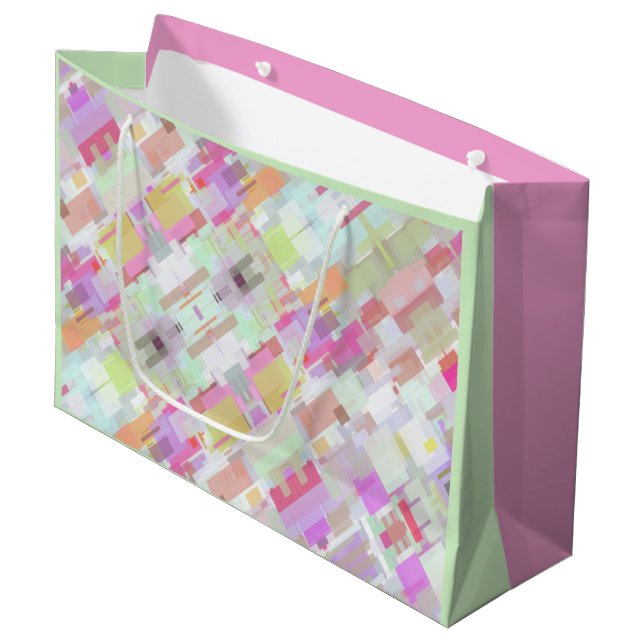 Moderne Abstrakte geometrische Kunst Rosa, Grün Große Geschenktüte (Vorderseite Schrägansicht)