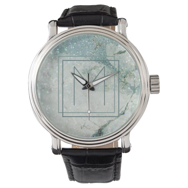 Moderne Abstrakte Gerahmte Monogram Aquamarin Blue Armbanduhr (Vorderseite)