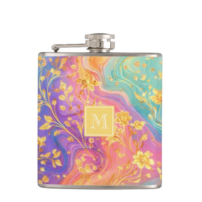 Moderne abstrakte Glitter-Blumen-Monogramm-Design  Flachmann (Vorderseite)