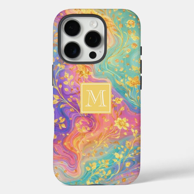 Moderne abstrakte Glitter-Blumen-Monogramm-Design  iPhone 16 Pro Hülle (Rückseite)