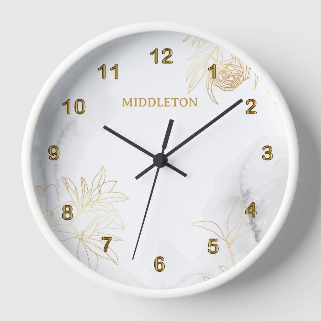 Moderne Abstrakte Goldflora auf weißem Marmor Uhr (Vorderseite)