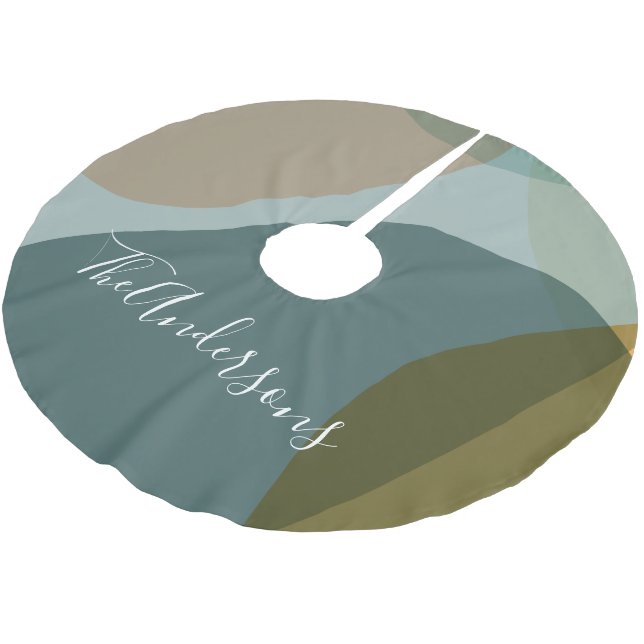 Moderne Abstrakte grüne Taupe Personalisiert Polyester Weihnachtsbaumdecke (Schrägansicht)