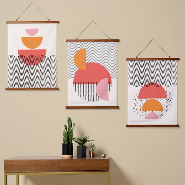 Moderne Abstrakte Halbkreiswellen ziehen Wall Art Wandteppich Mit Holzrahmen (Asymmetrisch)