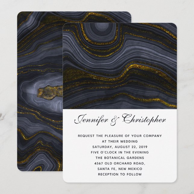 Moderne Abstrakte Hochzeit in Gold, Blau-Grau Einladung (Vorne/Hinten)