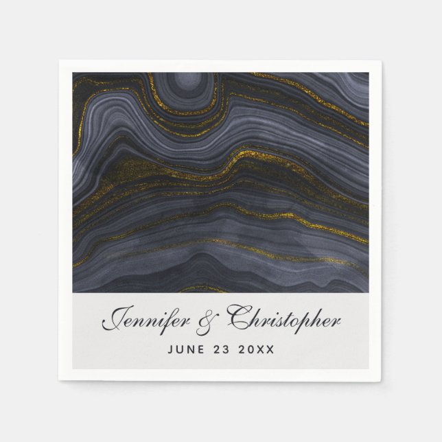 Moderne Abstrakte Hochzeit mit Black & Gold Agate Serviette (Vorderseite)