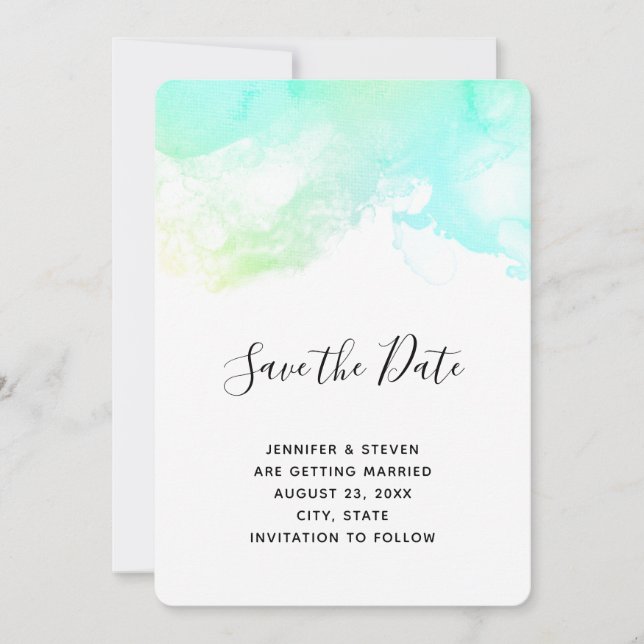 Moderne Abstrakte Hochzeit mit Grün und Blau Save The Date (Vorderseite)