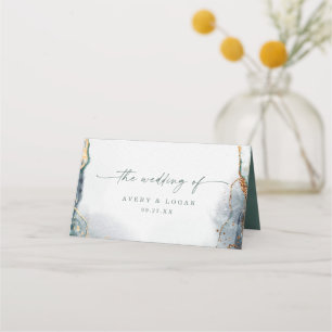 Moderne Abstrakte Hochzeit mit Grün und Gold Platzkarte