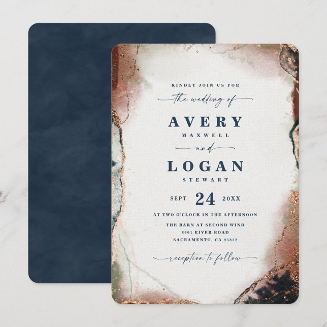 Moderne Abstrakte Hochzeit von Navy Blue & Orange Einladung (Vorne/Hinten)