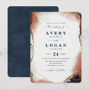 Moderne Abstrakte Hochzeit von Navy Blue & Orange Einladung