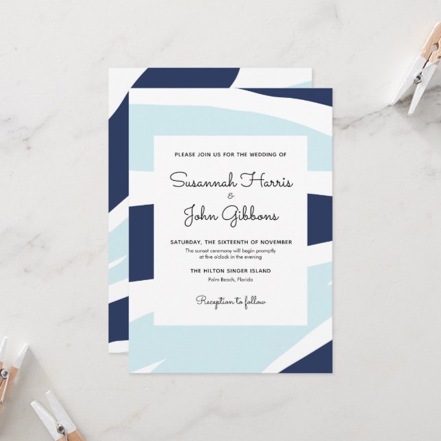 Moderne Abstrakte Hochzeit von Navy & Light Blue Einladung (Vorderseite/Rückseite Beispiel)