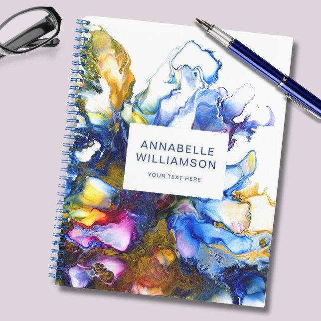 Moderne abstrakte Kunst Blau Notizbuch (Abstract fluid art notebook; customize with your own name and choice of text. Colorful royal blue)