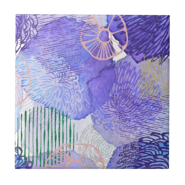 Moderne abstrakte Kunst, blau und lila Fliese (Vorderseite)